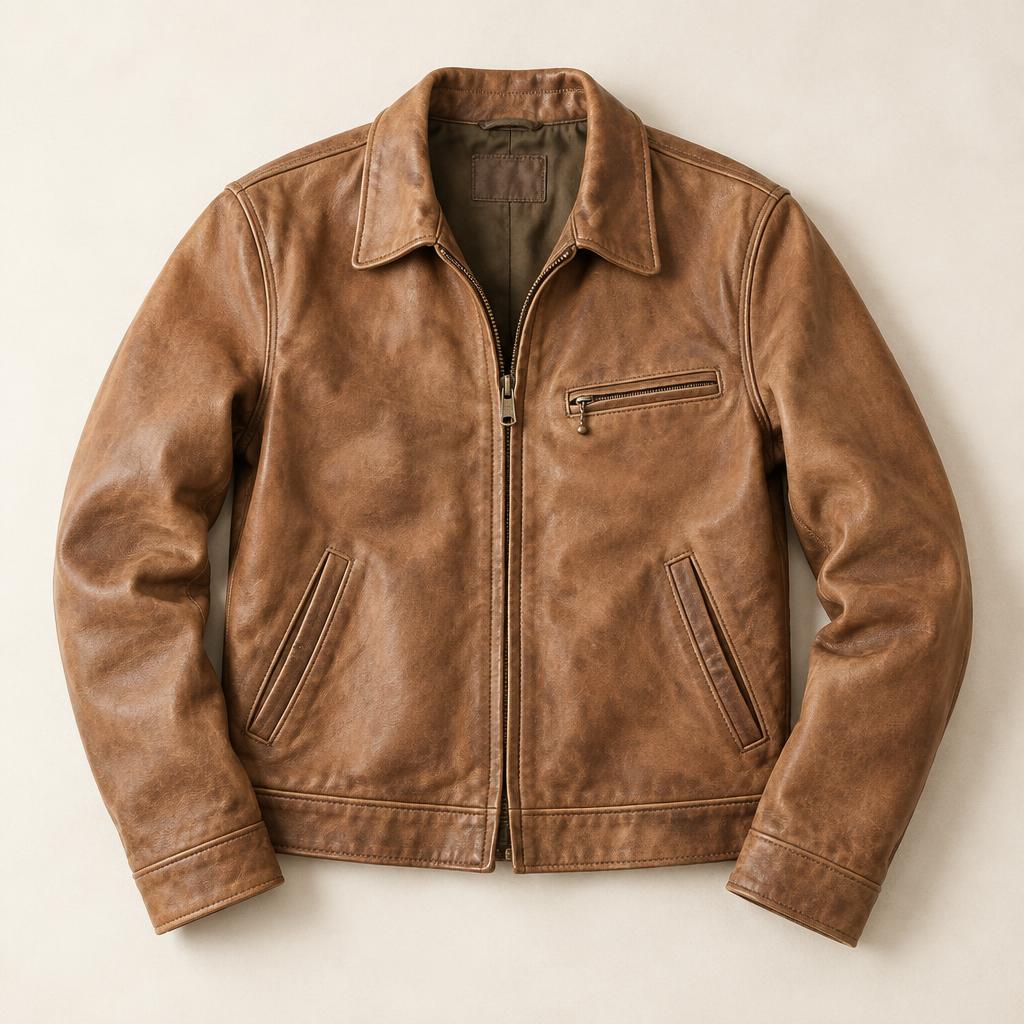 A tan leather jacket photographed on a plain backdrop